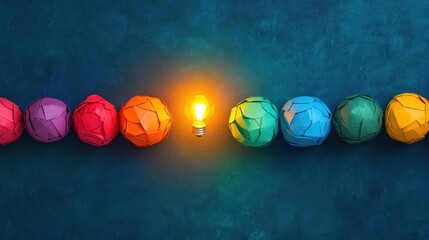 Colorful paper balls arranged in a line with a glowing light bulb, creating a vibrant and creative atmosphere.
