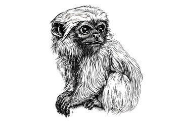 Hand-drawn tamarin sketch, black engraving-style art, wildlife-inspired vintage illustration, perfect for wall decor and animal lovers' collections.
