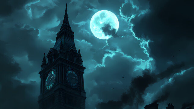 A dramatic, moonlit scene featuring a gothic clock tower under dark, ominous clouds. Gothic Clocktower at Dusk. Illustration