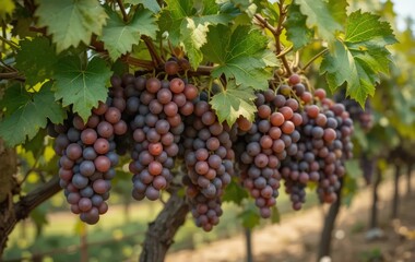 A close-up of ripe, juicy grapes on a vine in a vineyard