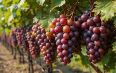 A close-up of ripe, juicy grapes on a vine in a vineyard