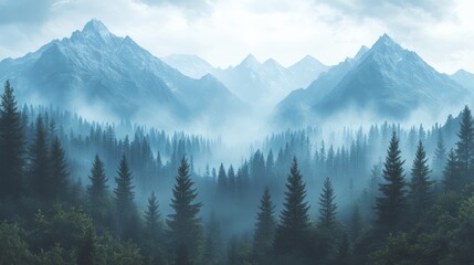 Obraz premium A misty forest with trees and mountains in the background