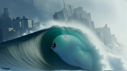A surfer riding inside a massive ocean wave barrel with a dramatic background of towering water walls and spray