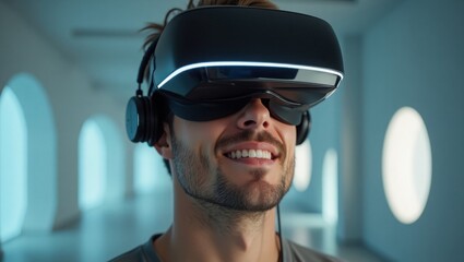 Smiling Man Wearing Futuristic VR Headset and Headphones in a Modern Interior – Immersive Virtual Reality Experience