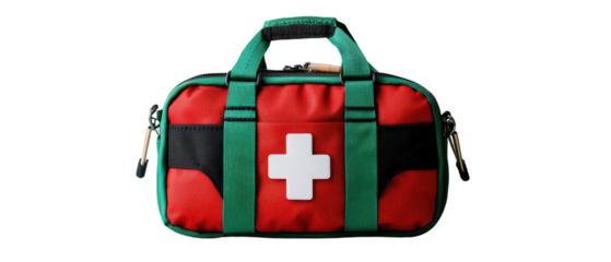 Red and green bag featuring a white cross design on a neutral background with a unique identifier isolated on transparent background..