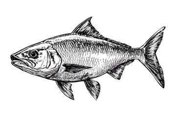 Obraz premium Wildlife hand-drawn tarpon, black sketch effect, aquatic animal vector, antique style vintage art, rodent, print design, trendy white background illustration.