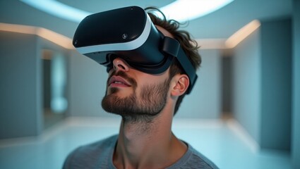 Smiling Man Wearing Futuristic VR Headset and Headphones in a Modern Interior – Immersive Virtual Reality Experience