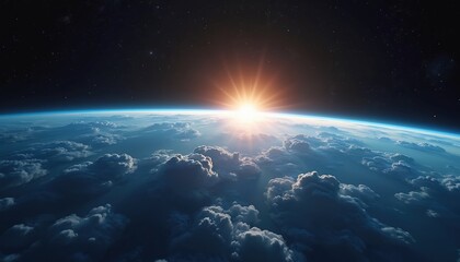 Obraz premium Panoramic view of Earth with sun rising over cloudscape horizon. Outer space scene shows blue planet atmosphere, stars in dark sky. Beautiful cosmos background, wallpaper.