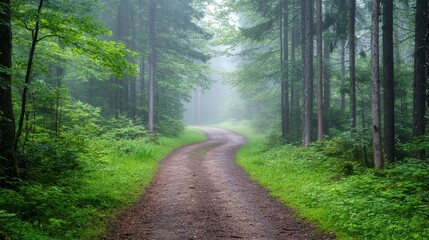 Obraz premium Serene Forest Pathway Through Misty Green Landscape in Nature