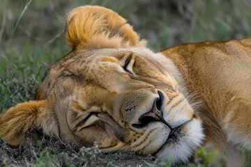 A lion's face is seen resting in the grass, its mane and fur visible