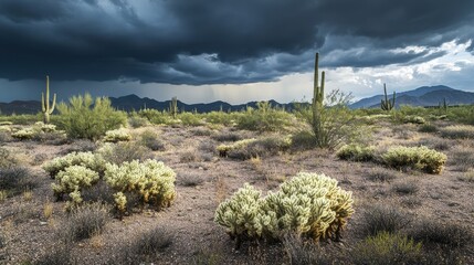 Obraz premium A stunning desert landscape showcasing cacti under a dramatic stormy sky.