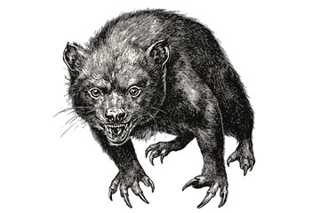 Obraz premium Vintage art of hand-drawn Tasmanian devil, black sketch effect, animal print, trendy illustration, old engraving style, white background.