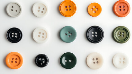 Assortment of Colorful Buttons. Sewing essentials arranged on a white surface, varying in color, size, and hole count, offering a vibrant array for crafting projects.