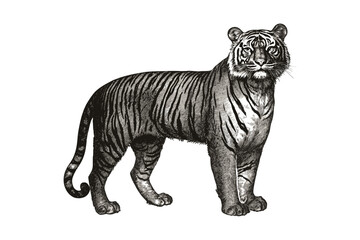 Animal art, hand-drawn tiger sketch, vintage wildlife illustration, trendy black effect, wall decor, old engraving style, white background, nature-inspired art, wildlife decor, artistic sketch.