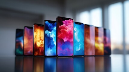 A collection of modern smartphones displaying vibrant abstract wallpapers, showcasing their sleek designs and vivid colors.