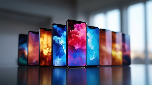 A collection of modern smartphones displaying vibrant abstract wallpapers, showcasing their sleek designs and vivid colors.