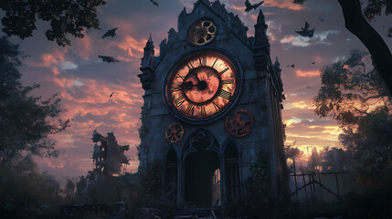 Abandoned gothic clock tower with rusty gears at dusk. Gothic Clocktower at Dusk. Illustration