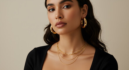 Woman wearing chunky gold hoop earrings and a layered gold chain necklace, set against a soft, neutral background with warm lighting that highlights the jewelry shine.