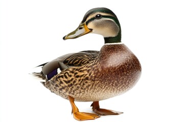 Obraz premium A close-up photo of a duck against a clean white background, ideal for use in design projects or as a standalone image