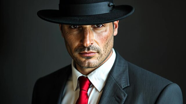 Mysterious man in hat and suit exudes charisma with striking red tie and shadow play