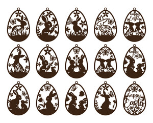 Easter egg design with bunny and flowers.  Easter Laser Cut Template for Cutting machine.