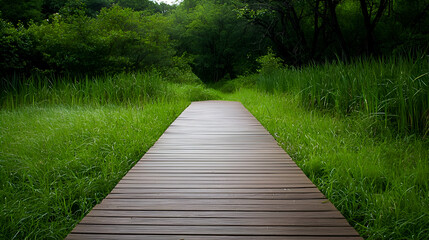 Obraz premium Wooden Walkway Through Lush Green Forest