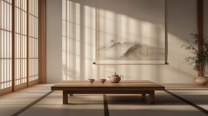 Illustration of a serene Chinese minimalist interior, featuring a low wooden tea table with a ceramic teapot and teacups.