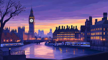 Fototapeta premium Cityscape of london with big ben and the thames river at dusk. Gothic Clocktower at Dusk. Illustration
