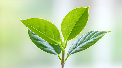 Closeup of Vibrant Green Leaves on a New Sprout Against a Soft Green Background