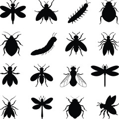 Fototapeta premium Insect Silhouettes Collection, Insect Silhouettes Set, Cute Set Insects Bugs Illustration
