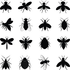Insect Silhouettes Collection, Insect Silhouettes Set, Cute Set Insects Bugs Illustration