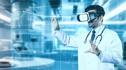 Skilled medical worker checking at medical data hologram by wearing VR headset. Professional doctor...