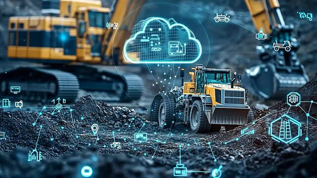 Industrial machinery with digital cloud technology overlay on mining site