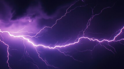 Dramatic lightning strikes illuminating a purple stormy sky, creating an electrifying atmosphere.