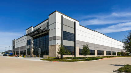 A sleek, contemporary industrial building showcasing a blend of gray and white with large windows under a clear blue sky.