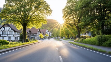 Sunrise road, village, trees, sun rays, idyllic