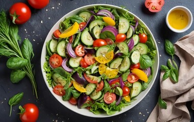 A colorful salad with fresh vegetables arranged on a plate