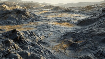 Stunning 3D landscape rendering of rugged terrain with intricate textures, valleys, and glowing elements in a surreal environment