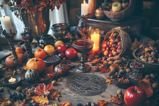 A symmetrically arranged Mabon altar inside a cozy home, decorated with autumn leaves, acorns, and deep red, orange, and brown candles. A chalice filled with spiced wine sits in the center, surrounded