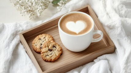 A tea latte topped with a delicate foam heart, on a minimalist wooden tray with a cookies.