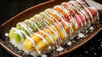 colorful Mango Sticky Rice dessert with coconut milk drizzle and sesame seeds, isolated on black. Mango Sticky Rice, coconut milk, sesame seeds, Thai dessert, sweet, vibrant, black background, 