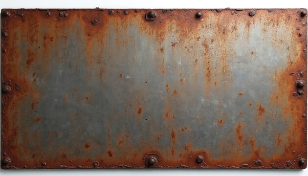 Blank metal plate with rusted surface isolated on white background. Metallic texture with rust-eaten frame, vintage look. Grungy panel with rusty rivets, bolts. Steel signboard template. Empty
