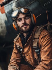 Fototapeta premium Vintage Aviator Near Airplane - A man in vintage aviator gear sits near an old airplane, showcasing a rugged and adventurous spirit