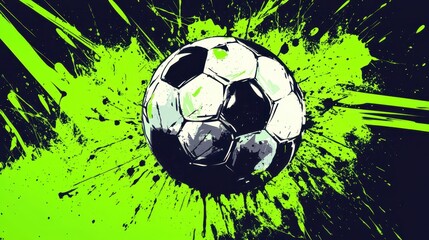 A dynamic illustration of a soccer ball set against a vibrant green paint splatter background, evoking energy and passion for the sport.
