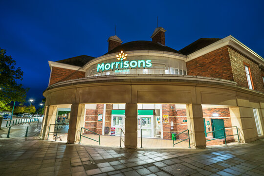 Morrisons supermarket store on Broadway street in Letchworth. Morrisons, is the fifth largest supermarket chain in the United Kingdom