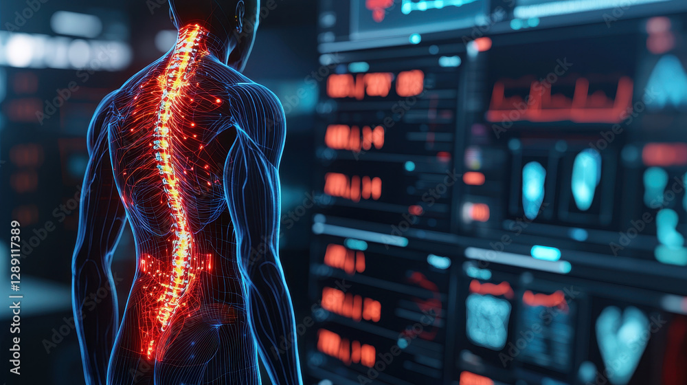 Poster digital healthcare and network concept, digital healthcare spine visualization with data analysis an