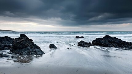 Dark Stormy Seascape with Rocky Beach and Dramatic Clouds