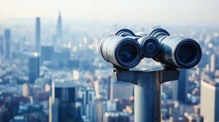 A mounted binocular telescope positioned on the rooftop of a building