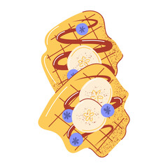 Viennese waffles with chocolate, banana and blueberries, vector illustration, flat hand drawn style. Baked food, pastry or dessert perfect for breakfast, snack. For sticker, bakery, cafe, restaurant