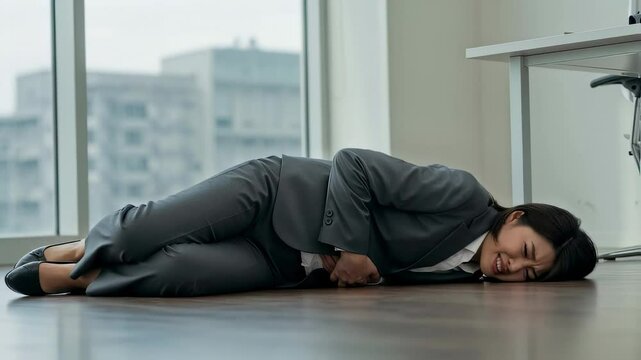 オフィスの床に倒れて腹痛で動けない女性